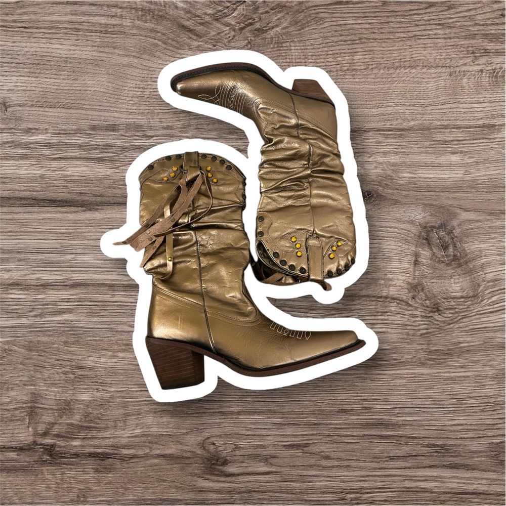 Steve Madden leather metallic gold stud detail slouch fringe cowgirl boots - Picture 2 of 13